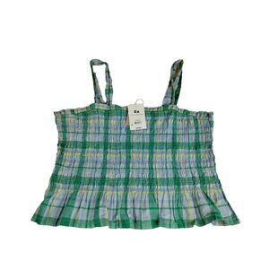 Free Assembly Womens XXL Smocked Tank Top Skyway Green Plaid Ruffled Stretch
